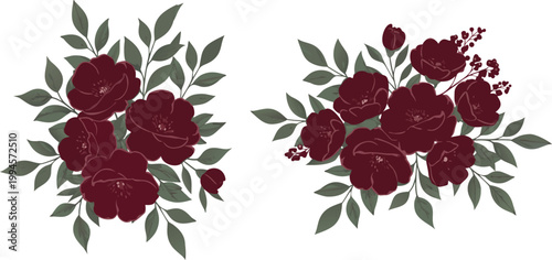 Three burgundy floral bouquets with leaves on white background