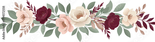 Watercolor illustration of four symmetrical floral arrangements with pink and brown flowers on white background