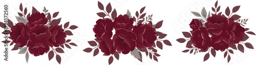 Four burgundy floral arrangements with leaves on white background