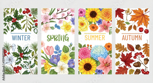Seasonal floral banners set with winter holly, spring blossoms, summer sunflowers and autumn leaves, four seasons vertical botanical vector illustrations isolated PNG with Transparent Background