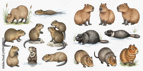 Collection of various rodents including capybaras, beavers, and other small mammals in different poses.