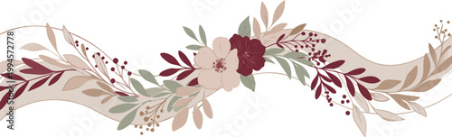 Corner floral border with maroon flowers and green leaves on white background