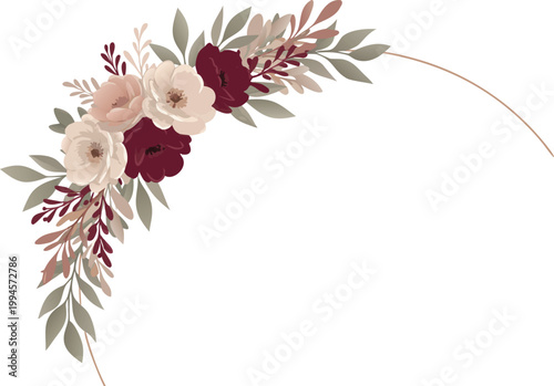 Floral border design with red and green leaves and pink flowers on white background