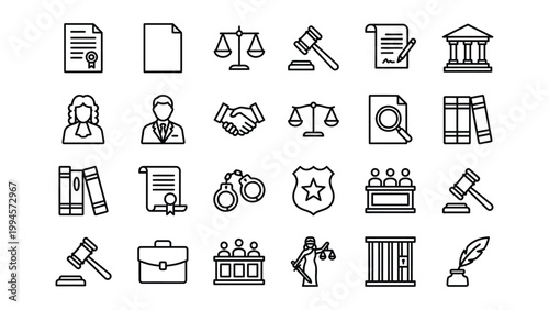 Justice and law icons set with law books law firm law office attorney icon court icon legal icon suit icon briefcase icon handcuffs icon scales icon gavel icon document icon attorney servi