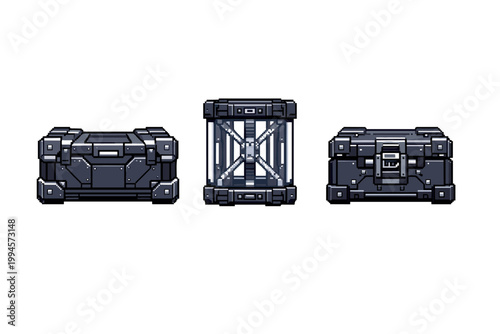 Three futuristic sci-fi storage crates in pixel art style, featuring rugged metal containers with latches, panels, and reinforced cross-bracing
