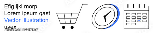 Time management, organization, e-commerce, task scheduling, productivity, planning. A shopping cart, clock and calendar illustration. Time management and organization through symbolic elements