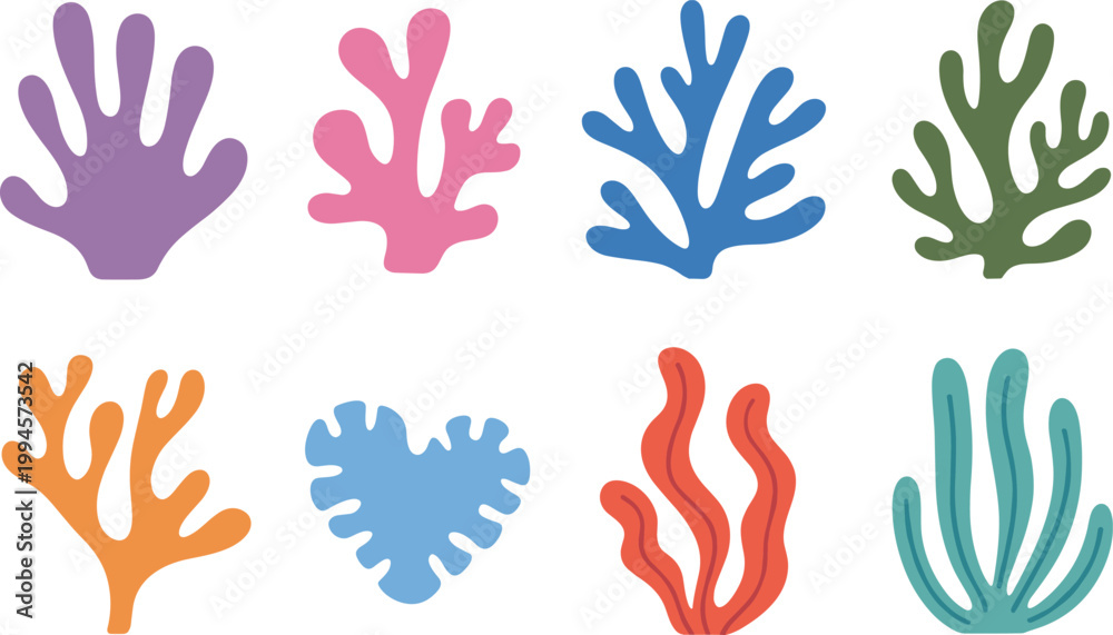 Fototapeta premium Colorful coral shapes set, abstract sea plants marine elements vector illustration collection