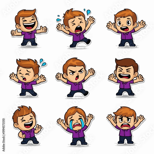 Vector illustration of a young boy in a purple shirt expressing different moods such as crying, laughing, anger, and excitement through body poses and facial expressions.