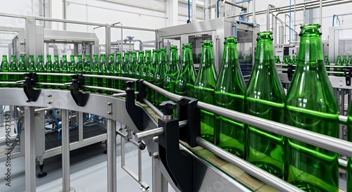 Automated bottling line with green glass bottles in factory setting