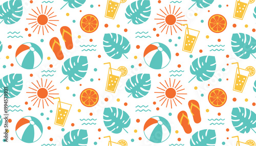 Vector illustration of summer pattern with beach balls, flip flops, leaves and lemonade in seasonal design