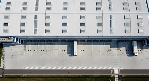 Aerial view of modern warehouse with loading docks and trucks