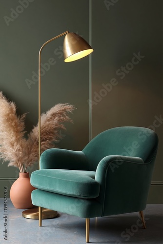 Deep moss green velvet armchair with gold floor lamp beside a terracotta vase and dried pampas grass against a moody interior wall in a stylish living space