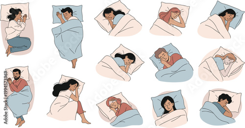 People sleeping in different positions illustration set, various night rest poses and bedtime comfort scenes in cozy flat cartoon vector style design
