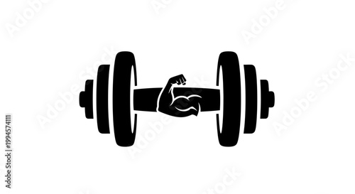 Bold monochrome fitness emblem featuring a flexing arm integrated within a barbell design