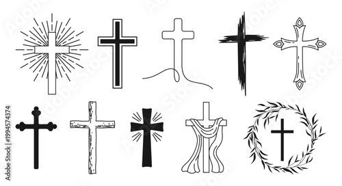 Cross logo, different crosses, various religious symbols. Easter Cross, Crucifixion, Church. Holy Spirit. Baptism Christening Invitation.	Vector isolated on white