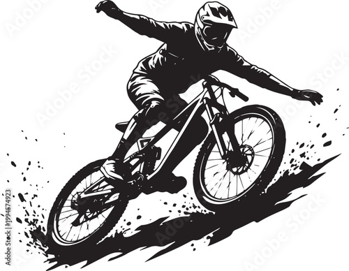 Action silhouette of a mountain biker performing a stunt with dirt splashes.