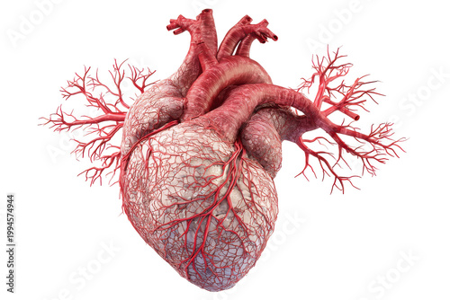 Realistic human heart anatomy isolated on transparent background. Detailed anatomical rendering of the human heart, illustrating its complex vascular system isolated on white background.