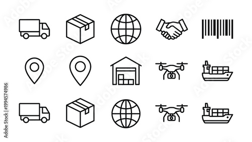 Logistics and delivery icons with air cargo sea cargo supply chain bar code map pin package icon truck icon drone icon globe icon ship icon warehouse icon location icon transport icon