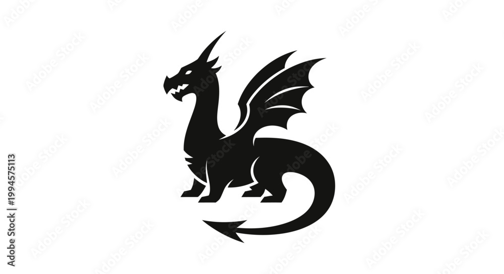 Fototapeta premium Black dragon silhouette illustration on white background for design purposes