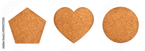 Realistic 3D corkboard with natural texture shapes set, empty surface for pinning notes, memos, and reminders in office or school settings with authentic brown appeal collection.