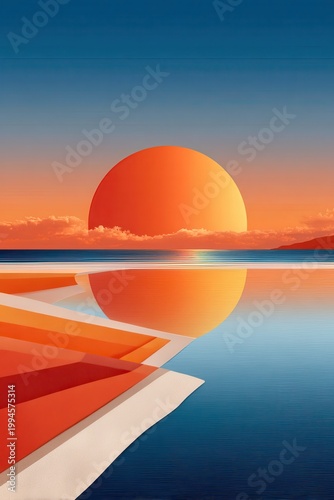 Sunset over ocean with large circular sun and mirrored reflection in a minimalist abstract landscape