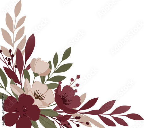 Vibrant floral design with abstract shapes and colorful blooms on white background