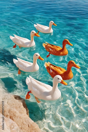 A group of white ducks swimming together in clear turquoise water near rocky shore