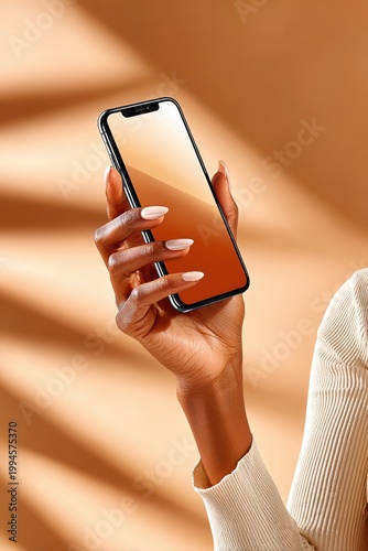Elegant female hand holding smartphone with glossy screen in minimalist warm studio setting