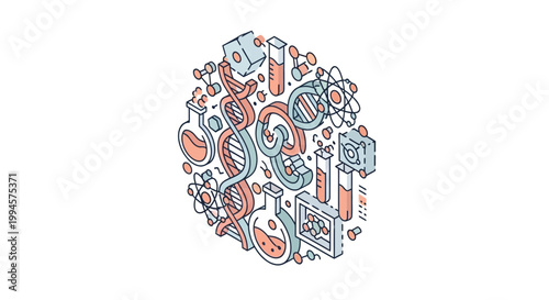 Isometric scientific illustration with dna helix, atom, flasks and molecular structures design