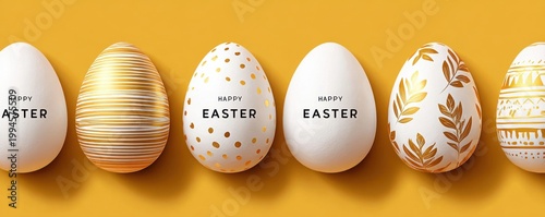 Row of white and gold decorated Easter eggs on yellow background for festive spring celebration