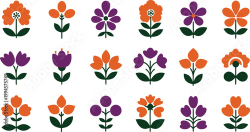 Colorful floral border frame with pink purple orange flowers and green leaves on white background