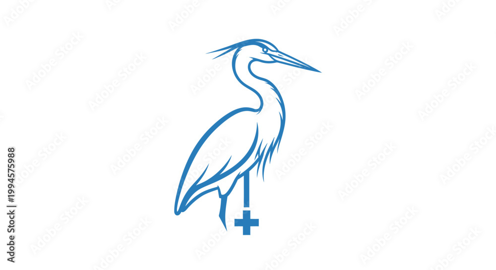 Fototapeta premium Blue heron line art icon with medical cross symbol