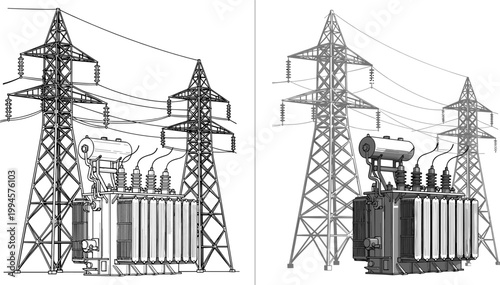 High Voltage Power Transmission Tower and Electrical Substation Vector Illustration Set with Transformer Units, Power Lines, and Industrial Energy Infrastructure Design
