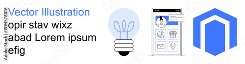 Technology, innovation, app design, creativity, user interface, branding. Features light bulb, mobile interface geometric shape. Technology and innovation concepts visually