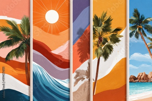 Abstract summer posters with tropical palms, sun, waves and beach scenes in warm colors