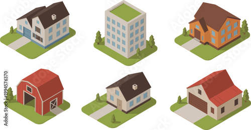 Isometric buildings set illustration, houses barn office architecture vector design collection