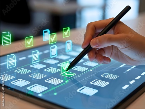 A hand uses a stylus on a tablet with various icons