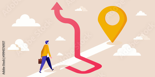 A man walks along a winding path toward a golden location marker