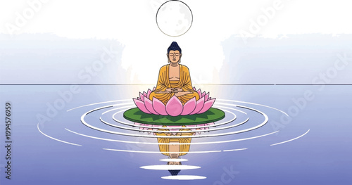 Buddha, meditation, yoga, spiritual, serene vector illustration, lotus position, water, zen