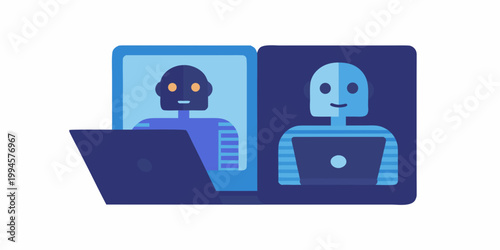 Robots connecting via video call on a laptop computer