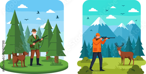 Hunting Scene Illustration with Hunters Aiming Rifles at Deer in Forest and Mountain Landscape, Wildlife Activity, Outdoor Adventure, and Nature Survival Concept