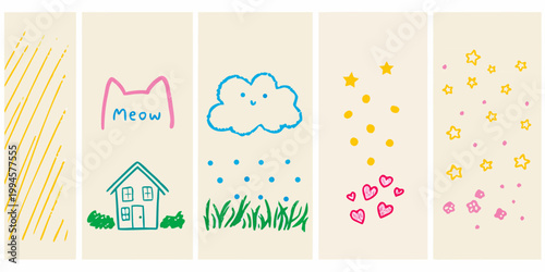 Colorful hand drawn illustrations on beige backgrounds arranged in a vertical row