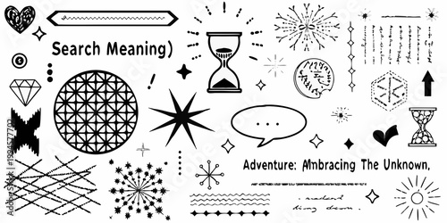 Black and white doodle illustrations with text search meaning and adventure