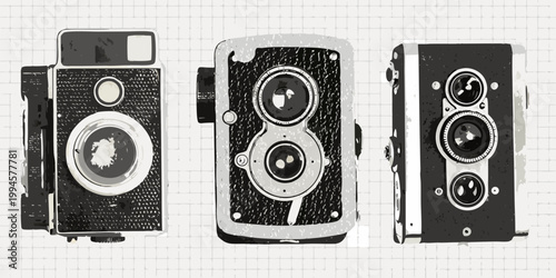 Three vintage twin lens reflex cameras displayed on a grid background