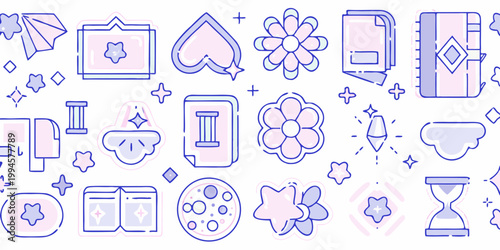 Whimsical collection of pastel colored icons depicting magical and celestial objects