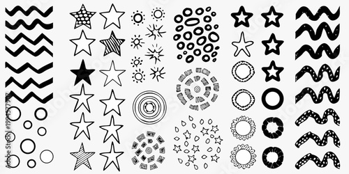 Collection of hand drawn doodle shapes and patterns in black and white