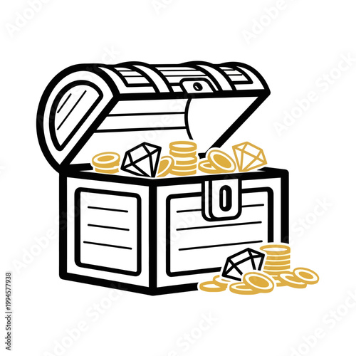 Treasure Chest Filled with Gold Coins and Diamonds