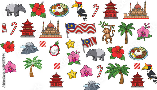 Malaysia cultural illustration collection featuring national flag, hibiscus flower, hornbill, tapir, nasi lemak, mosque, pagoda, tropical fruit concept, colorful vector design set