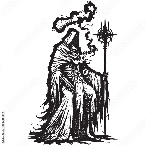Cloaked Necromancer Wizard Holding Mystical Staff Dark Fantasy Illustration. Vintage ink drawing of a hooded sorcerer in tattered robes holding a glowing magical staff.