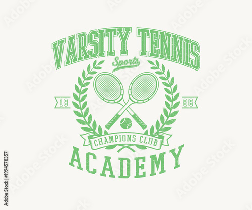 Vintage Varsity Tennis Academy Badge Design - Retro Sports Club Emblem with Racket and Laurel Wreath - Classic Athletic Typography T-Shirt Graphic